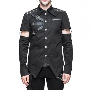 <b>Men's</b> Gothic Punk Black Shirt with Detachable Sleeves, <b>Studded</b> Buckles, and Faux Leather Straps Streetwear Top - Product Image 1