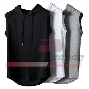 Débardeur à capuche sans manches pour homme, style hip-hop décontracté, couleur unie, avec lacets, en tissu peigné, impression numérique, vierge - Product Image 2