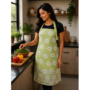 Tablier en mélange de coton et de lin de qualité supérieure, tablier à bretelles imprimé de marguerites vertes avec bordure décorative rayée, tablier de cuisine réglable - Product Image 1