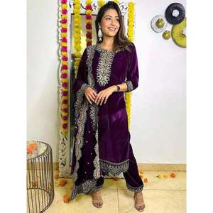 TENDENCIA TERCIOPELO ZARI BORDADO TRABAJO TOP PALAZZO CON DUPATTA VINO - Product Image 1