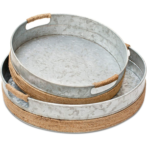 Juego de 2 bandejas de servir redondas de metal galvanizado rústico hechas a mano con asas de cuerda, estilo granja, precio de fábrica - Product Image 1
