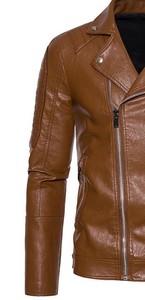 Men's Brown Genuine Leather Moto Biker <b>Jacket</b> Zipper Closure Slim Fit Turn-down Collar Autumn Wear - Product Image 3