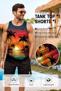 Conjunto de 2 Piezas de Camiseta sin Mangas y Pantalones Cortos con Estampado Gráfico para Hombre, Atuendo Informal de Playa para Verano - Product Image 5