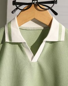 Green Compressed Waffle Knit Jersey Breathable Eco-Friendly Short Sleeve Polo Shirt for Boys Casual Solid Color Collar Design - Product Image 4