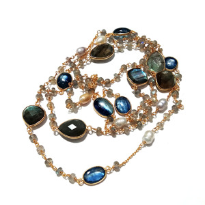 Collier de perles multicolores en pierres naturelles, plaqué or 18 carats, argent sterling, style bohème, kyanite, labradorite, perle d'eau douce - Product Image 5