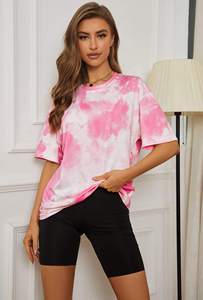 Camiseta de algodón tie-dye para mujer, cuello redondo, manga corta, corte holgado, informal, transpirable, de punto jersey, para primavera/verano - Product Image 3