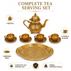 Juego de té oriental de latón con tapa, 4 tazas y bandeja, diseño floral grabado, vajilla tradicional - Product Image 5