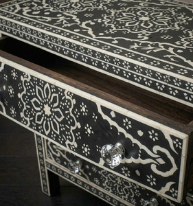 Table de rangement moderne en os incrusté avec détails en agate, meuble de présentation en bois à trois niveaux style Shaker, meuble de salon portable - Product Image 4