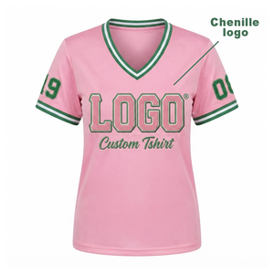 Premium Chenille Patch Sorority T <b>Shirt</b> Pink Green V Neck Contrast Trim Custom Greek Apparel Greek Life T <b>Shirts</b> For Women - Product Image 1