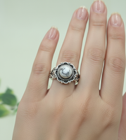 Bague Bohème Florale Vintage Faite à la Main en Argent Sterling 925 avec Opale Dendrite Naturelle, Bijou Tendance pour Femme, Cadeau Élégant pour Elle