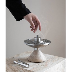 Luxury Natural Travertine Stone Base Incense Burner Brushed Silver Radial <b>Mesh</b> Cover Bakhoor Holder with Tongs - Product Image 2