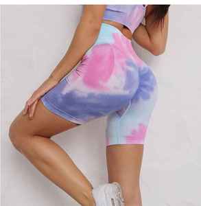 Tie Dye Yoga Set Women 2 Piece <b>Crop</b> <b>Top</b> <b>Shorts</b> High Waist Crisscross Straps Gradient Color Spandex Polyester Fitness Wear - Product Image 3