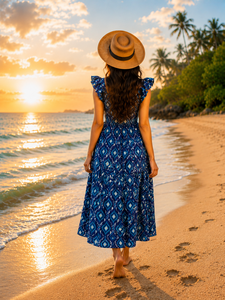 Women's 100% Cotton Floral Print Maxi Dress Blue Boho Beach <b>Spaghetti</b> Strap A-Line Breathable Summer Casual OEM ODM Manufacturer - Product Image 3
