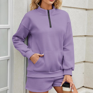 Ensemble deux pièces en polaire surdimensionné pour femmes, couleur violette, avec col zippé et poches, vêtements décontractés pour la maison, style automne - Product Image 3