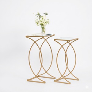 Elegant Nordic Living Room Premium Brass End <b>Table</b> Set Chic Curved Steel Frame Wood Top Sofa Side Stand Plant <b>Display</b> - Product Image 2