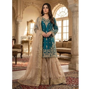 Conjunto Sharara de seda pesada bordada para mujer, con dupatta, largo hasta el suelo, estilo étnico, para bodas y fiestas, en oferta. - Product Image 1