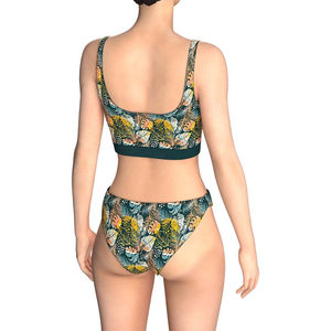 Conjunto de Bikini Floral Tropical para Mujer, Top Corto con Cuello Redondo, Braguita Hipster, Spandex, Poliéster Elástico, Estampado, Traje de Baño de Dos Piezas - Product Image 2