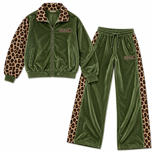 Conjunto Deportivo de Terciopelo Verde Oliva para Mujer, Estilo Y2K, Chaqueta con Paneles de Estampado de Leopardo y Cierre de Cremallera, Pantalones Anchos, Etiqueta Personalizada, Fabricante Mayorista - Product Image 3
