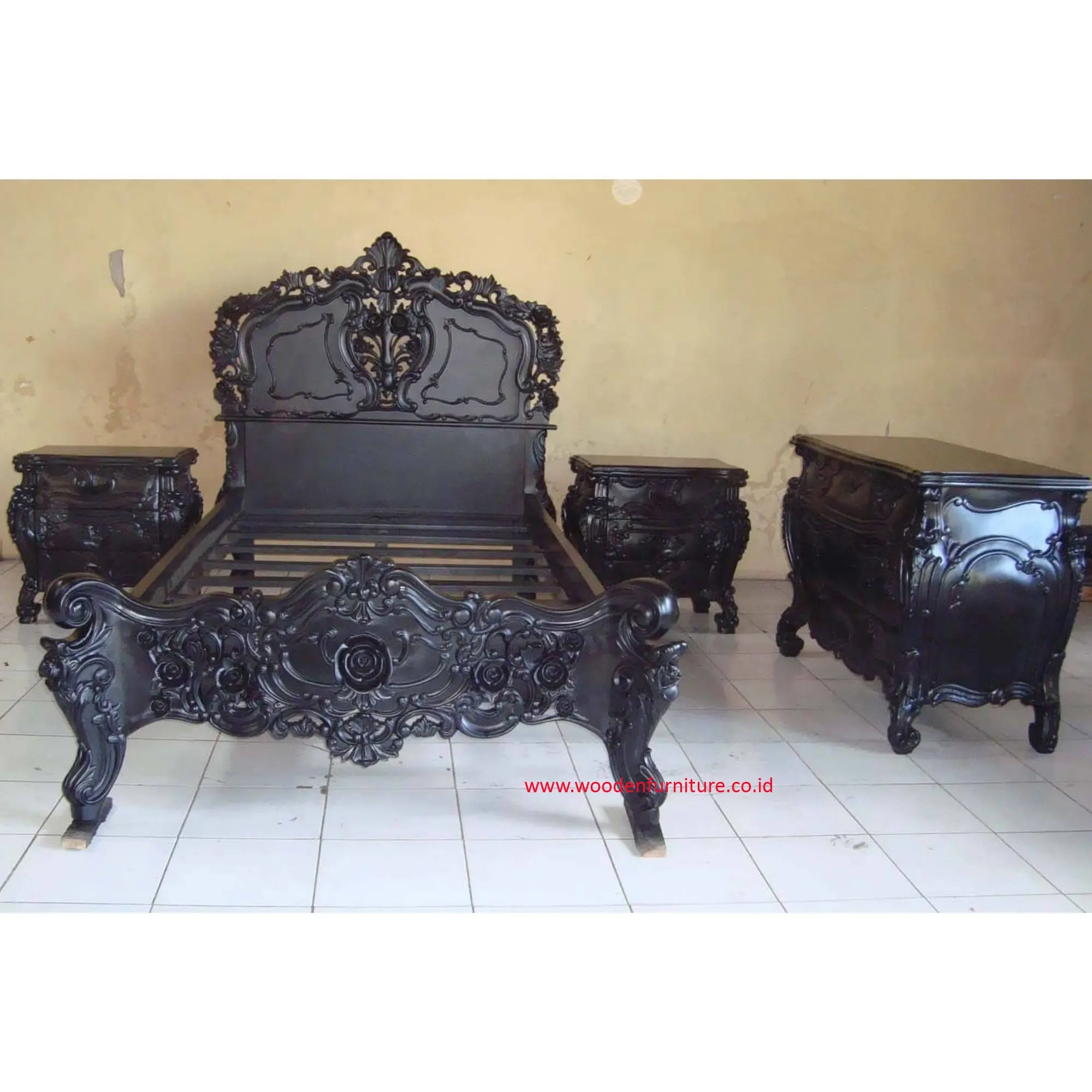 Ensemble de lit Rococo en bois, meubles de chambre à coucher de Style français, sculpté et fabriqué en Jepara Central Java indonésie