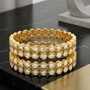 925 Silver Monzo Bangles Green Stone Crystal Designer <b>Kada</b> Set for Women Bridal Wedding Jewelry Everyday Wear Jewelry Set - Product Image 2