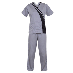 Women Gray V-Neck <b>Scrub</b> <b>Set</b> With Black Panel Cotton Polyester Hospital Uniforms Pockets Needle Detection - Product Image 3