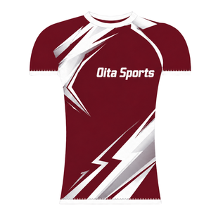 Camiseta Deportiva de Compresión, Manga Corta, Color Granate y Blanco, Cuello Redondo, Diseño Gráfico de Rayo, para Entrenamiento Atlético - Product Image 1