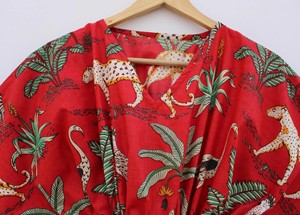 Robe Kaftan pour femmes, 100% coton, imprimé floral animalier, col en V, robe enveloppante, respirante, séchage rapide, écologique, manches courtes, plage - Product Image 2