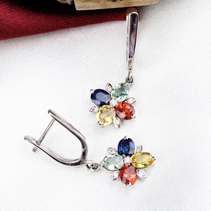 Precious Natural Multi Sapphire <b>Diamond</b> 18k Solid White Gold Handmade Classic Drop <b>Earrings</b> Certified Wedding Engagement Women - Product Image 4