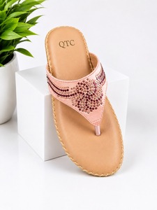 Sandales compensées roses à strass, mules ouvertes à enfiler, claquettes plates rembourrées pour le quotidien et l'extérieur - Product Image 1