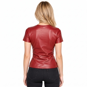 <b>Women's</b> <b>Red</b> Faux Leather <b>T</b>-<b>Shirt</b> Short Sleeve Round Neck Casual PU Leather Tee Tops Ladies Casual Leather <b>T</b> <b>Shirt</b> Streetwear Top - Product Image 3