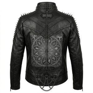 Chaqueta de Cuero Negra con Cadenas y Púas Estilo Gótico Punk para Hombre, Abrigo con Gráficos de Vitral de Catedral, Venta al por Mayor de Fábrica, Servicio Personalizado OEM ODM - Product Image 2