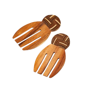 Utensilios para ensalada de madera de suar de grado alimenticio, con forma de mano, con incrustaciones de cáscara de coco oscura y blanca, diseño Catur, color marrón claro, estilo artístico. - Product Image 1