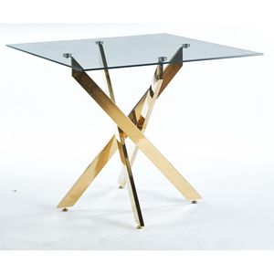 Tavolo da pranzo quadrato moderno con gambe in metallo a croce in vetro temperato salvaspazio per cucina e soggiorno cromato e gambe dorate - Product Image 4