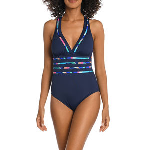 Maillot de bain une pièce sexy bleu moulant respirant couleur unie en tissu doux pour femme – Grande Vente - Product Image 1