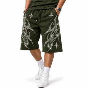 Shorts Homme OEM ODM Marron avec Strass en Cristal, Design Flamme Argentée, Style Hip Hop Streetwear de Luxe, Vêtements Personnalisés en Gros - Product Image 2