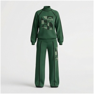 Women Green Geometric Print Tracksuit Set <b>Turtleneck</b> Full Sleeve Loose Fit Casual Autumn Wear Spandex Polyester Material - Product Image 1