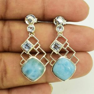 Boucles d'oreilles pendantes classiques de haute qualité en argent sterling 925 avec topaze bleue et larimar taille coussin, multi-pierres, pour femmes, cadeaux de fête - Product Image 4