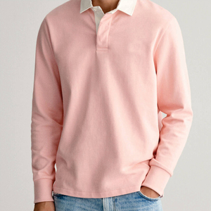<b>Men's</b> <b>Pink</b> <b>Long</b> <b>Sleeve</b> Polo <b>Shirt</b> Cotton Poplin Casual Button Down Collar Spring Wear - Product Image 6