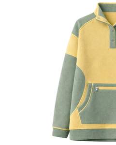 Sweat-shirt d'hiver surdimensionné en polaire vert sauge et jaune pour femme avec col à boutons et poche kangourou – Fabricant sur mesure - Product Image 3