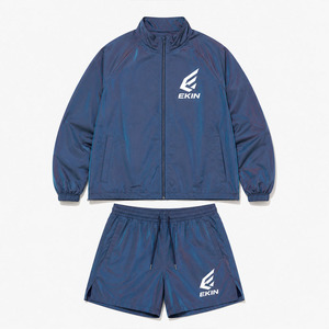 <b>Men's</b> <b>Summer</b> Iridescent Blue Shiny 2 Piece Windbreaker <b>Jacket</b> Shorts Set Drawstring Stand EKIN Logo Metallic Reflective Athletic - Product Image 1