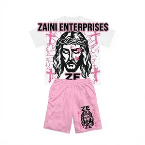 280 GSM Heavyweight Cotton T Shirt Mesh <b>Shorts</b> <b>Pink</b> White Premium Custom Screen Print Puff Print Logo Outfit - Product Image 1
