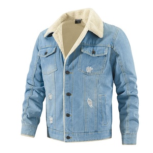 Trendy Light Wash Distressed Denim <b>Jacket</b> Cream <b>Shearling</b> Collar Ripped Casual Winter Coat Snap Button Custom Wholesale Supplier - Product Image 1