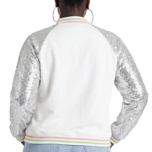 AKA Silver Star <b>Sequin</b> Bomber <b>Jacket</b> Women White Zip Up Coat Sparkle Sleeve Stylish Greek Sorority Casual Fashion Outerwear - Product Image 2