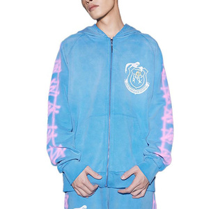 Chándal Unisex Azul con Capucha y Estampado de Letras Rosas, Estilo Urbano, Corte Holgado, Ropa Casual de Otoño, Talla Adulto - Product Image 6