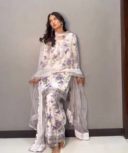 Ensemble de fête blanc à imprimé floral, haut en faux georgette avec dentelle fantaisie Dori, pantalon palazzo et dupatta en dentelle brodée, coupe classique, en matériaux recyclés - Product Image 3