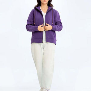 Sweat à capuche décontracté ample pour femme avec fermeture éclair, logo imprimé sur le devant, tricoté 100 % coton, tissu écologique respirant - Product Image 6