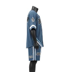 Ensemble de shorts de baseball pour hommes en polyester mesh interlock, toucher doux, panneau contrastant bleu, logo brodé personnalisé pour ensemble de shorts homme - Product Image 3