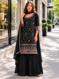 Ensemble Salwar en coton noir brodé pour femmes avec dupatta, tenue traditionnelle indienne et pakistanaise, longueur au sol, coupe classique - Product Image 3