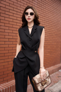 Chemisier de bureau structuré sans manches pour femme, style gilet peplum, avec revers cranté et taille découpée, noir CELESTINE - Product Image 5