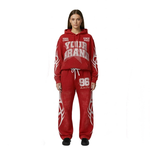 Ensemble de sweats à capuche surdimensionnés en coton 100% avec logo personnalisé brodé, couleur rouge, coupe évasée, unisexe, vente en gros - Product Image 3